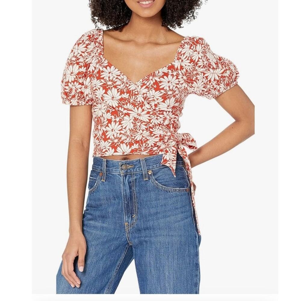 Madewell Anita Linen Puff Sleeves Floral Wrap Top Size Small